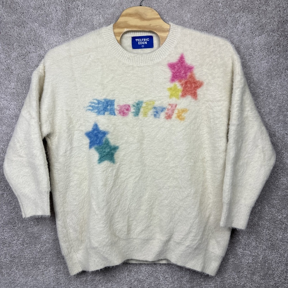 Aelfric Eden Women's Inkjet Star White Fuzzy Sweater Size XL Multicolor